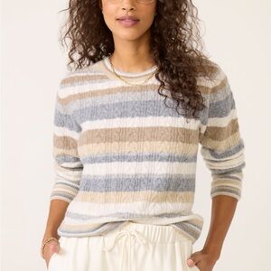 Evereve Lottie Striped Cable Knit 100% Cashmere Grey Beige Cream White Sweater